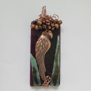 Handmade Pendant Parrot Tropical Bird Cooper Art Glass Jewelry